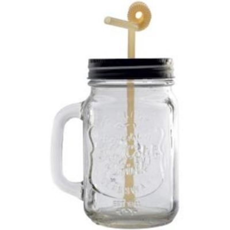 Retro Glass Mug with Straw by Transomnia. Glass Mug with screw top lid and bright coloured straw. Has 'Quality refreshing ice cold drink glassware embossed on the side of the mug. Size 14x10x8cm